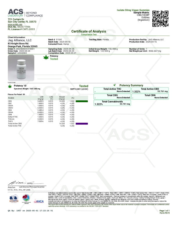 NAYSA Vegan Gummies with 50mg CBD (Isolate) 30 Count